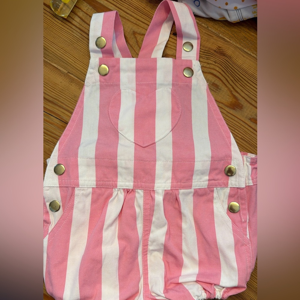 The Beaufort Bonnet Company Pink & White Striped Heart-Bib Overalls